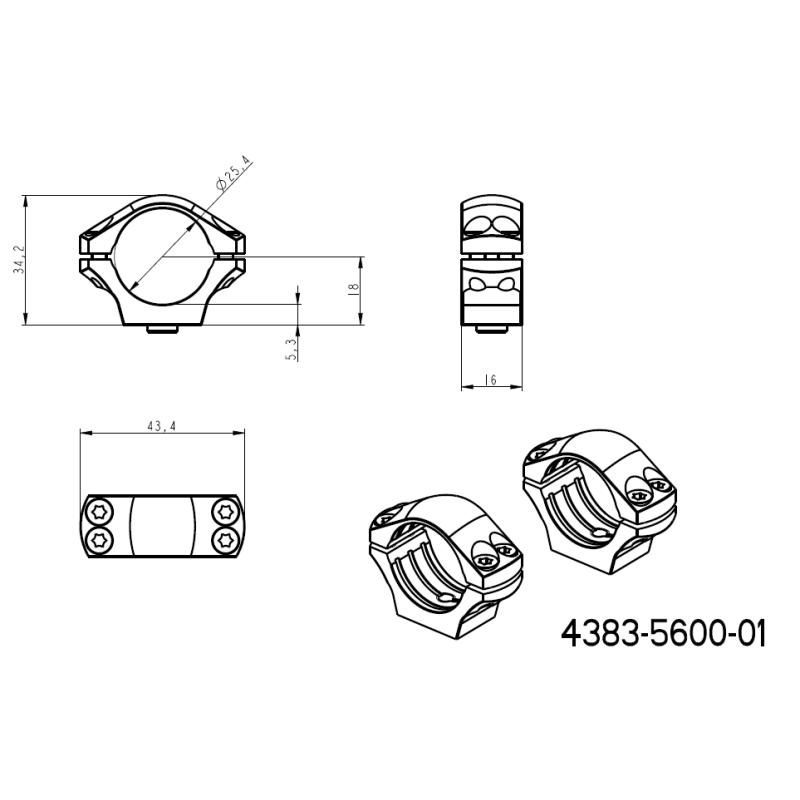 1" anneaux de lunette [25,4mm] | base picatinny monobloc avec leviers QD 